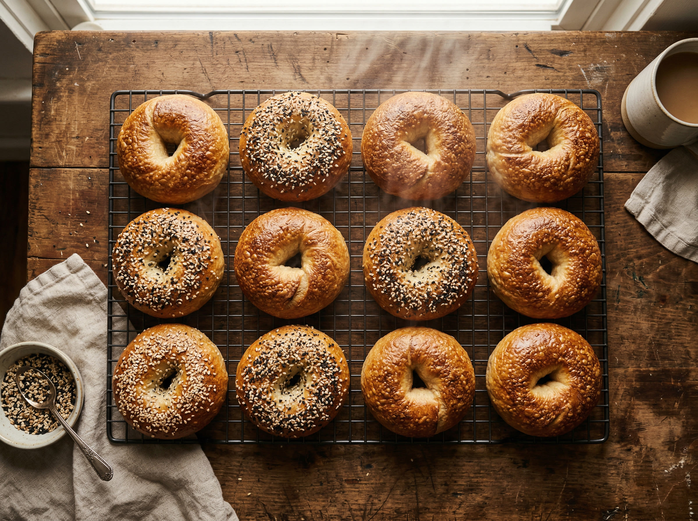 Golden sourdough bagels with sesame and poppy seeds on cooling rack