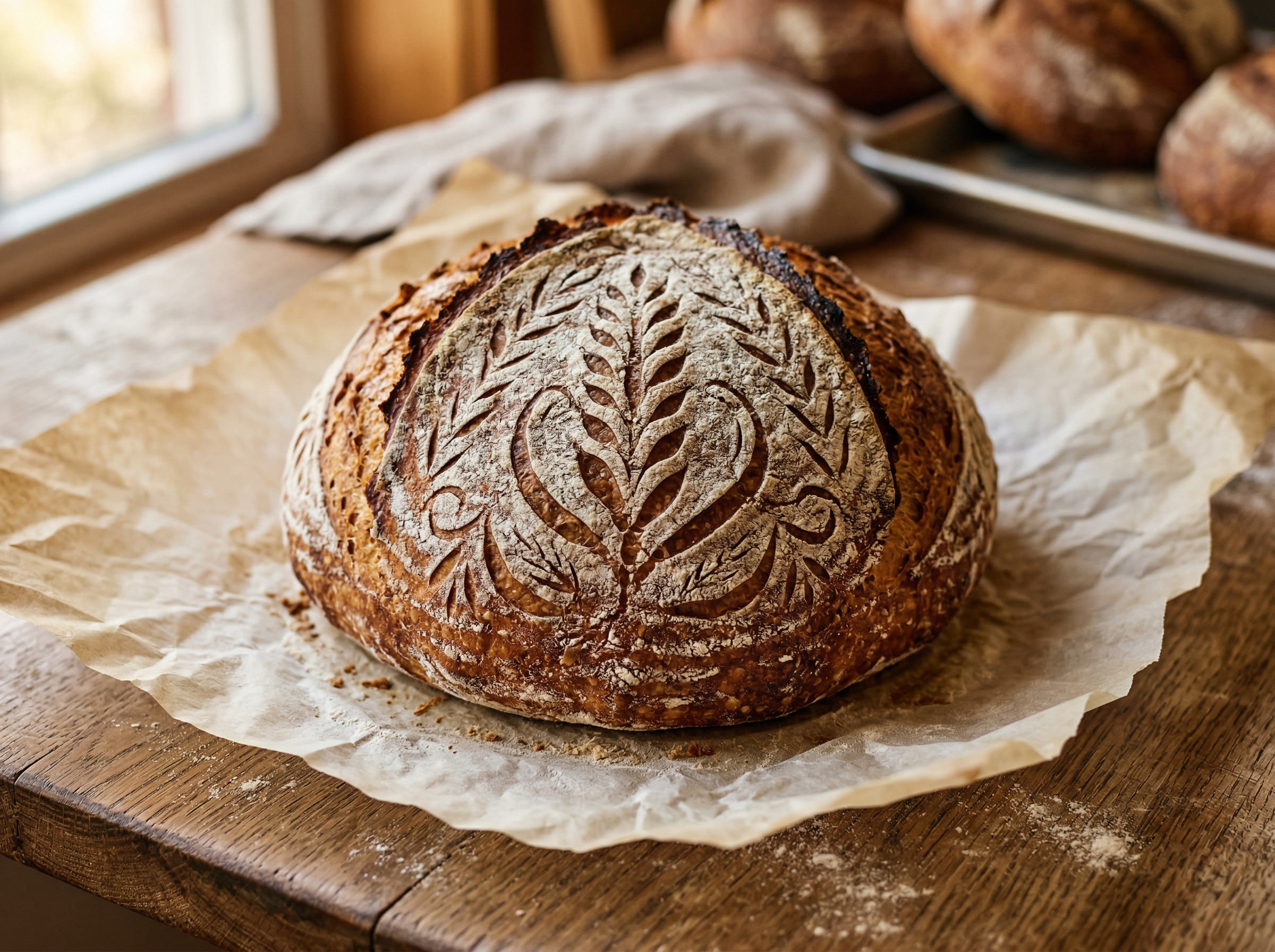 Artisan sourdough bread with beautiful wheat ear scoring pattern