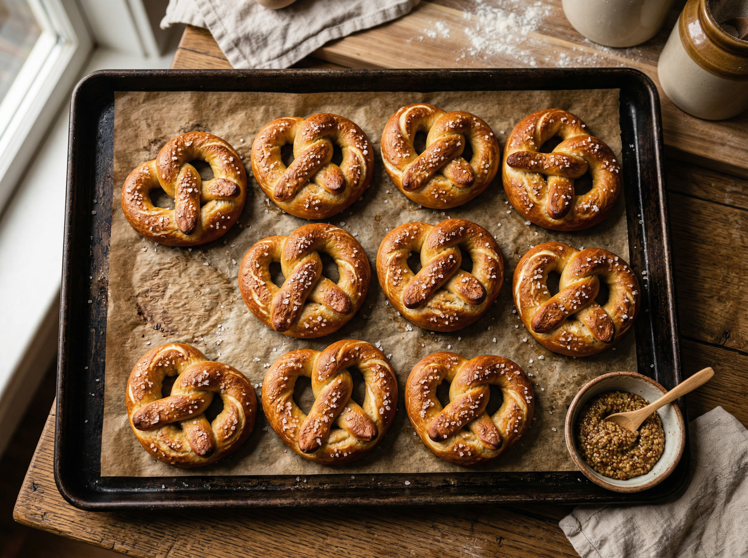 Twisted soft sourdough pretzels with coarse salt on baking sheet