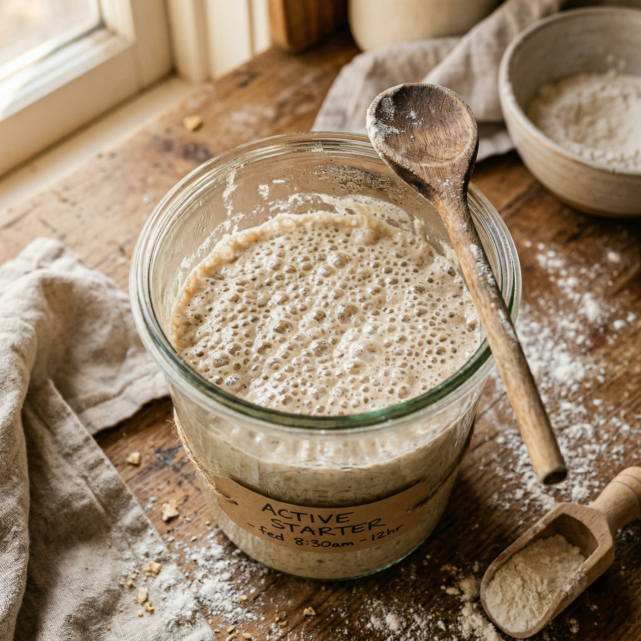 Active sourdough starter bubbling in a glass jar