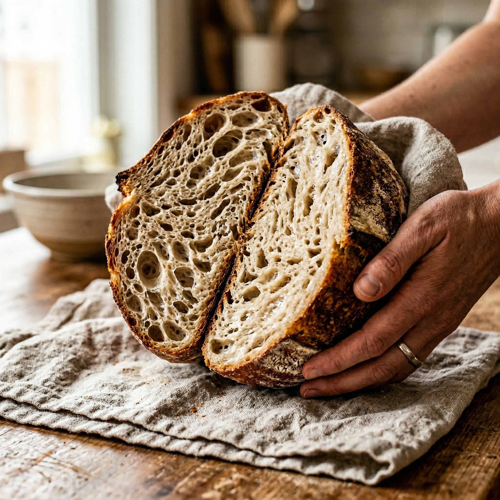 Cross-section of sourdough bread showing open crumb structure